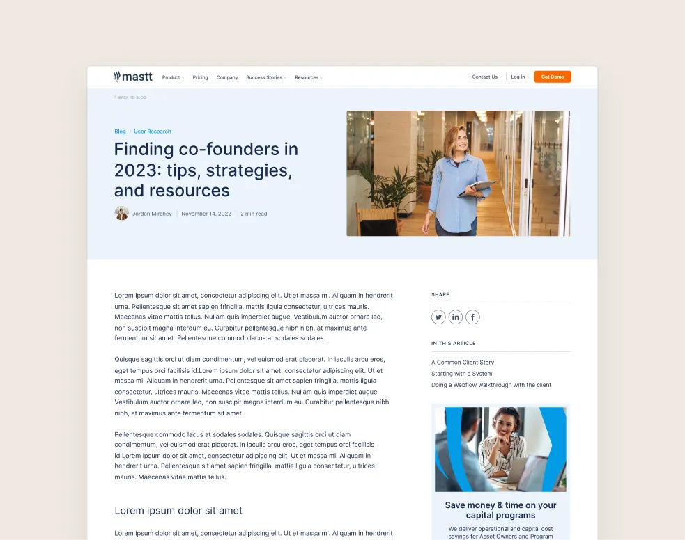 Webpage titled 'Finding co-founders in 2023: tips, strategies, and resources' featuring a woman in a blue shirt holding a tablet and walking in an office hallway.
